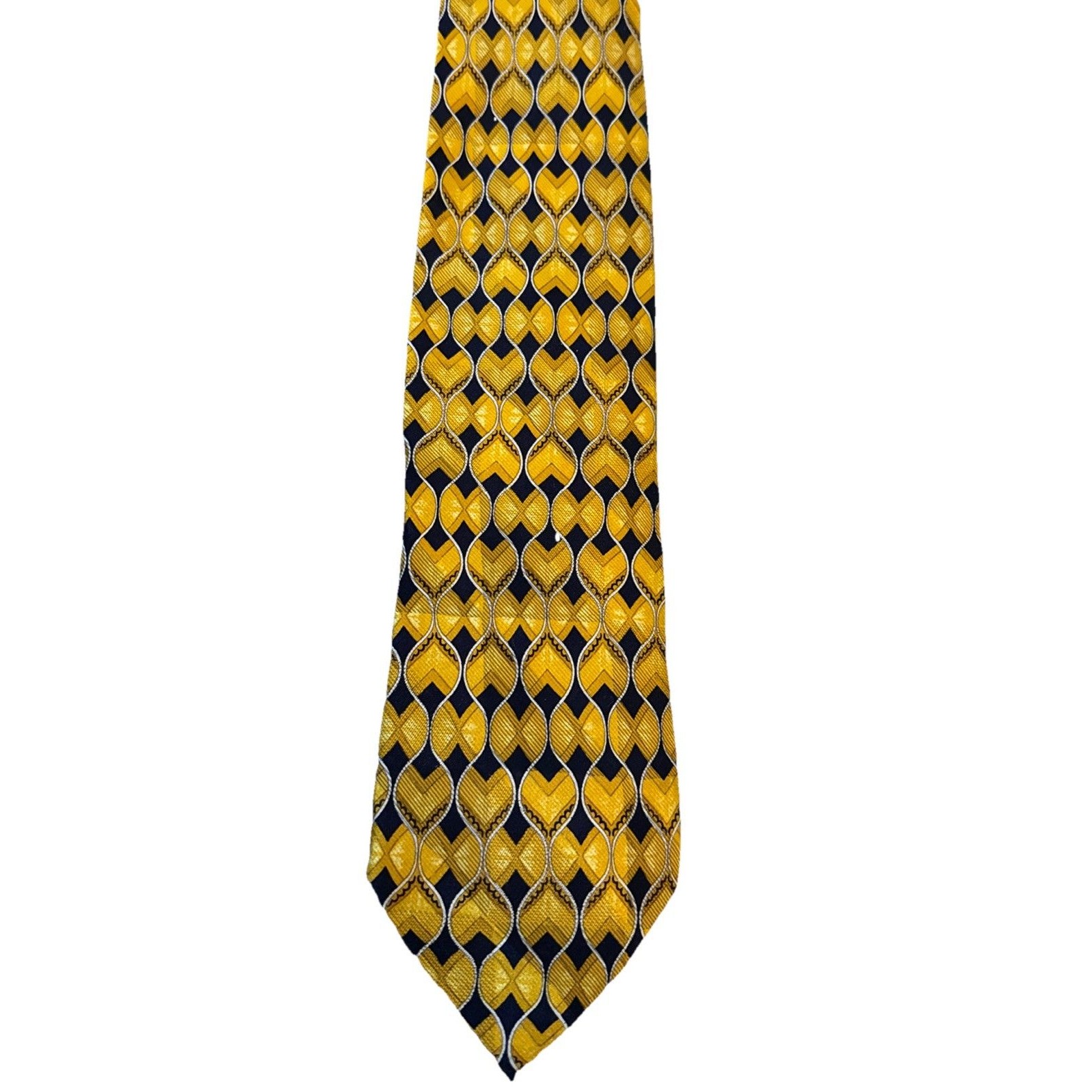 Ermenegildo Zenga Men’s Gold Blue Geometric Printed 100% Silk Tie 4” Italian Euc